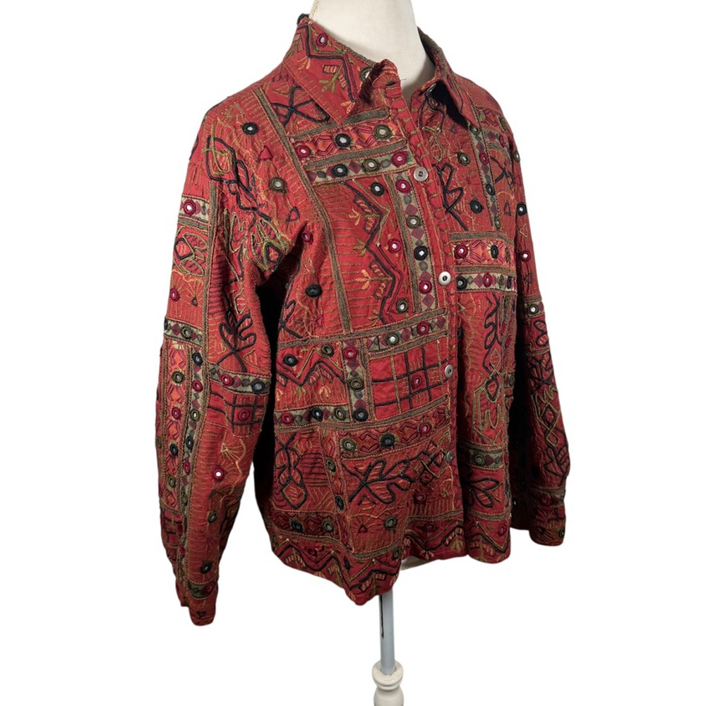 Chicos Rust Red Multi Embroidered Applique Jacket Vintage Boho Size 3 = XL - Picture 7 of 12